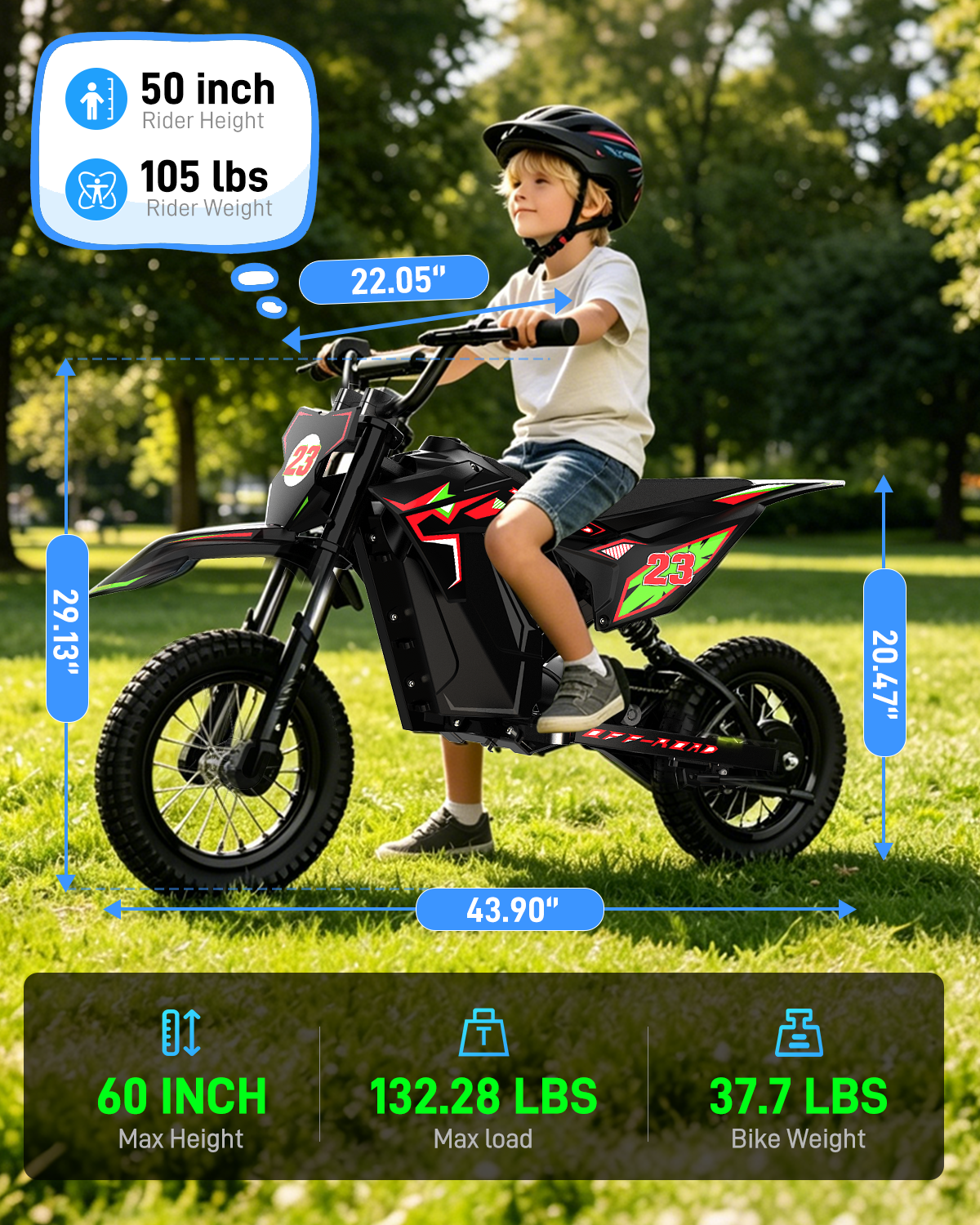 5TH WHEEL TERRAX Kids Electric Dirt Bike - 300W Rated Motor, 15.5 MPH Top Speed, Hydraulic Suspension, with 12” Tires
