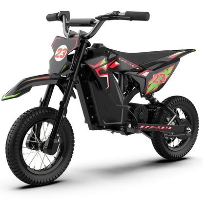 5TH WHEEL TERRAX Kids Electric Dirt Bike - 300W Rated Motor, 15.5 MPH Top Speed, Hydraulic Suspension, with 12” Tires