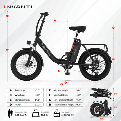 5TH WHEEL TIDE 2 Folding Utility Electric Bike - 1000W Peak Motor, 25 Mile Max Range, 330 lbs Max Capacity, 20" Fat Tires