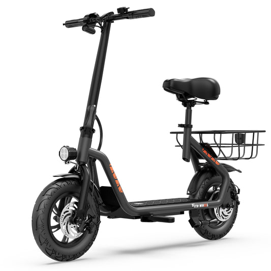 5TH WHEEL T20PRO Seated Electric Scooter w/ Rear Basket - 700W Peak, 20 mph Top Speed, 20 Mile Max Range, 265 lbs Max Capacity, 12" Tires