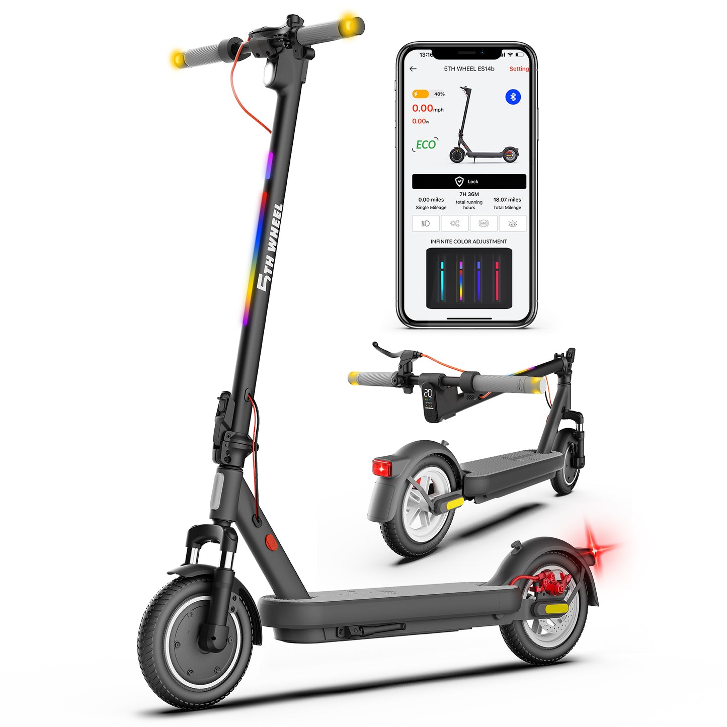 5TH WHEEL V40PRO Electric Scooter | 800W Peak Motor & 25 Mile Range with Ambient Lighting System