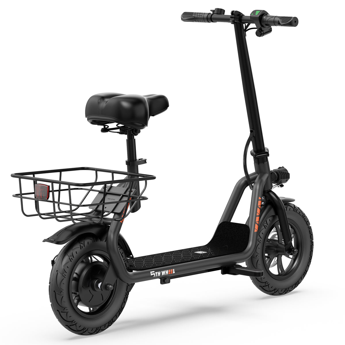 5TH WHEEL T20PRO Seated Electric Scooter w/ Rear Basket - 700W Peak, 20 mph Top Speed, 20 Mile Max Range, 265 lbs Max Capacity, 12" Tires