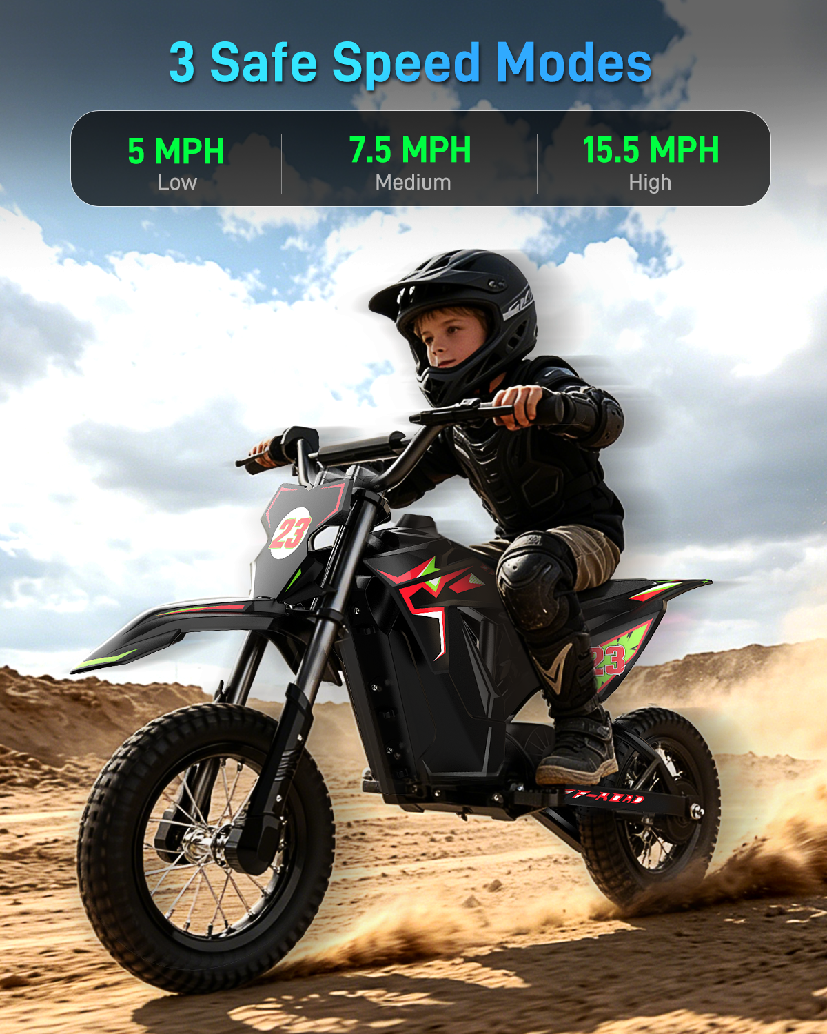 5TH WHEEL TERRAX Kids Electric Dirt Bike - 300W Rated Motor, 15.5 MPH Top Speed, Hydraulic Suspension, with 12” Tires