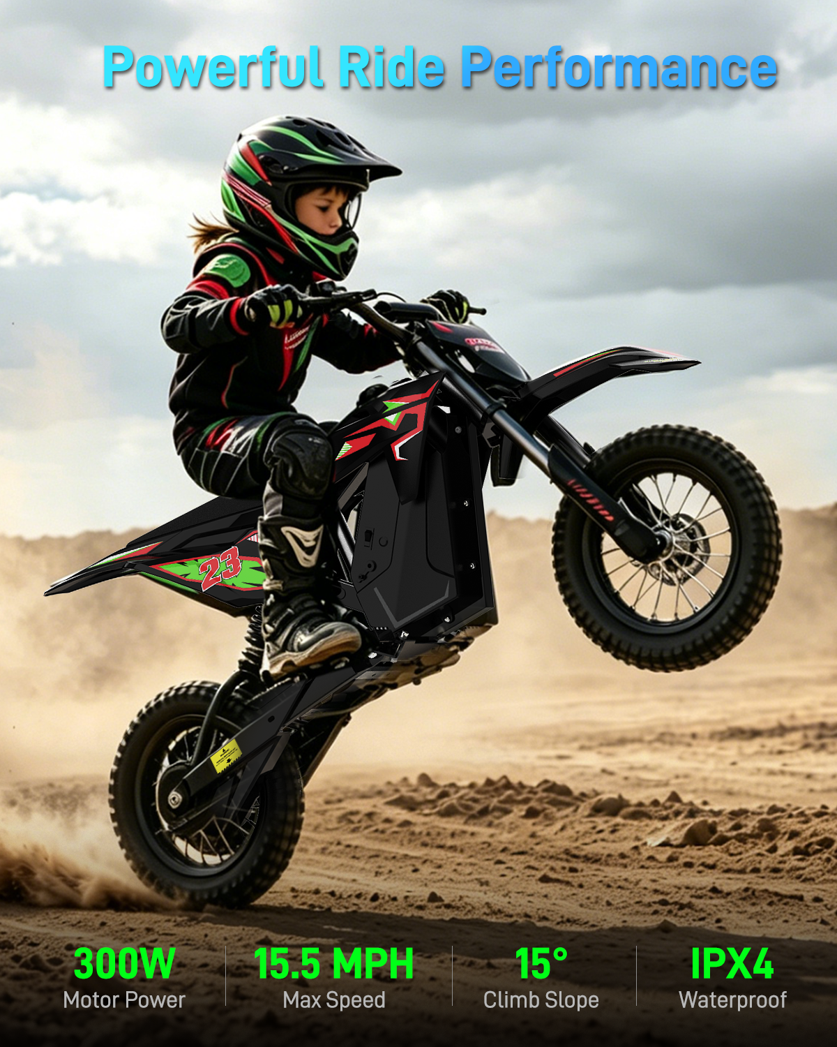 5TH WHEEL TERRAX Kids Electric Dirt Bike - 300W Rated Motor, 15.5 MPH Top Speed, Hydraulic Suspension, with 12” Tires