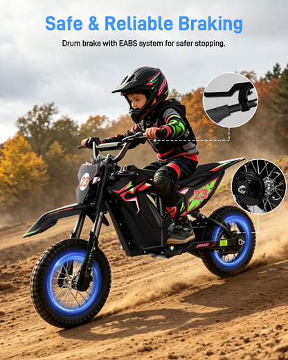 5TH WHEEL TERRAX Kids Electric Dirt Bike - 300W Rated Motor, 15.5 MPH Top Speed, Hydraulic Suspension, with 12” Tires