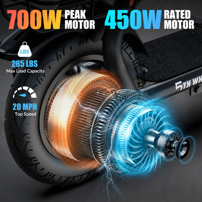 5TH WHEEL T20PRO Seated Electric Scooter w/ Rear Basket - 700W Peak, 20 mph Top Speed, 20 Mile Max Range, 265 lbs Max Capacity, 12" Tires