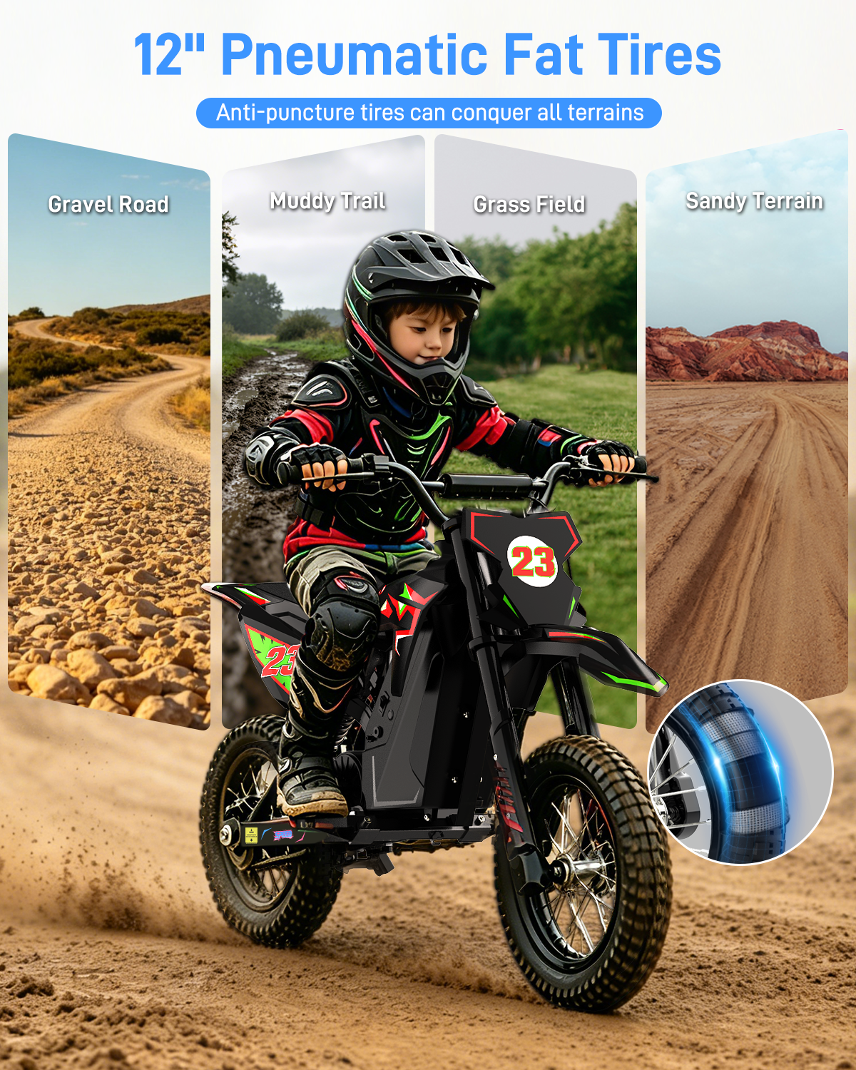 5TH WHEEL TERRAX Kids Electric Dirt Bike - 300W Rated Motor, 15.5 MPH Top Speed, Hydraulic Suspension, with 12” Tires