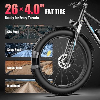 5TH WHEEL RAVENX Fat Tire Electric Bike - 500W Rated Motor, 20 MPH Top Speed, 72 Mile Max Range, with 26” Fat Tires