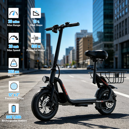 5TH WHEEL T20PRO Seated Electric Scooter w/ Rear Basket - 700W Peak, 20 mph Top Speed, 20 Mile Max Range, 265 lbs Max Capacity, 12" Tires