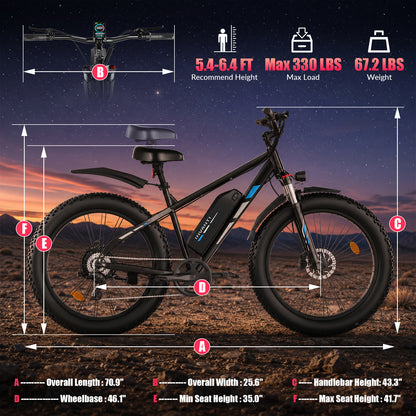 5TH WHEEL RAVENX Fat Tire Electric Bike - 500W Rated Motor, 20 MPH Top Speed, 72 Mile Max Range, with 26” Fat Tires