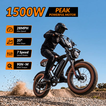 5TH WHEEL NITROX Retro Electric Bike -  1500W Peak Motor, 20 MPH Top Speed, 44 Mile Max Range, with 20" Off-Road Fat Tires
